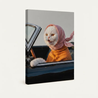 Gallery-wrapped white cat retro fashion canvas, angled side view showing soft gray background and wrap edges