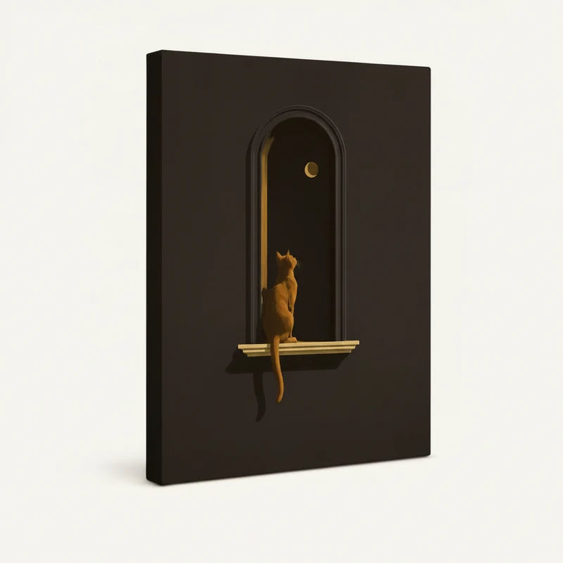 Gallery-wrapped canvas side view of golden cat silhouette inside dark stone arch with crescent moon