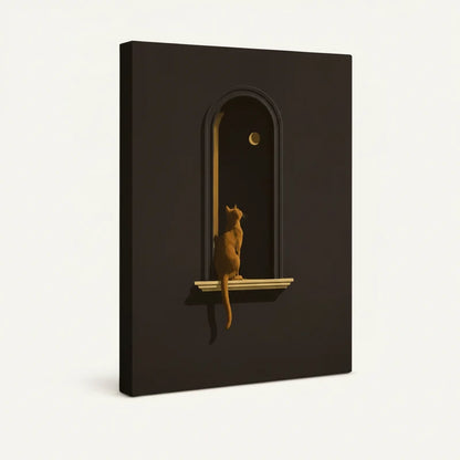Gallery-wrapped canvas side view of golden cat silhouette inside dark stone arch with crescent moon