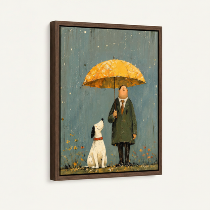Framed canvas of whimsical rainy day man and dog scene in dark walnut float frame on white background