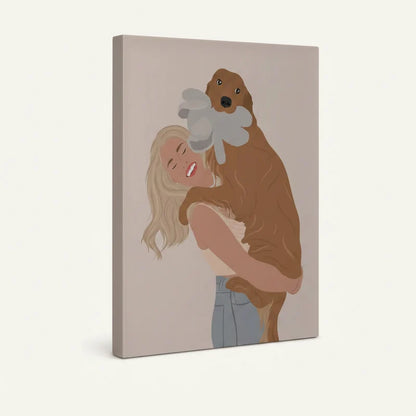 Gallery-wrapped canvas of minimalist girl and dog illustration in soft blush caramel and denim tones