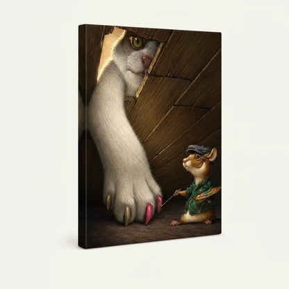 Gallery-wrapped cat paw mouse artist dark academia canvas, 3/4 side view showing deep wrap edges on light background