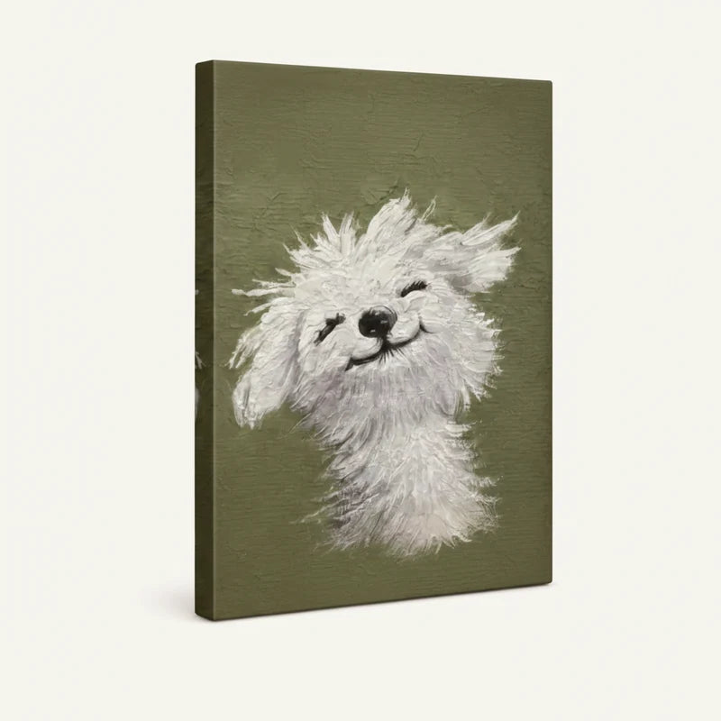 Angled product view of gallery-wrapped canvas showing joyful fluffy dog portrait on olive sage green background