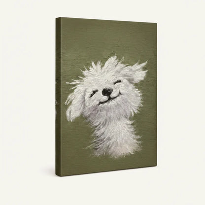 Angled product view of gallery-wrapped canvas showing joyful fluffy dog portrait on olive sage green background