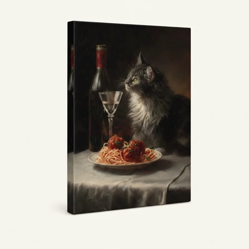 Gallery-wrapped cat spaghetti canvas wall art, 3/4 side view showing deep wrap edges on white background