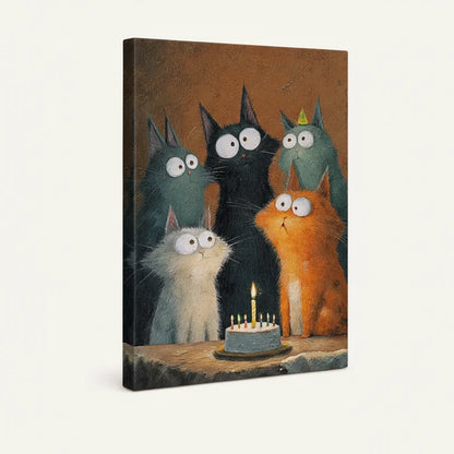 Funny cat birthday canvas gallery-wrapped side profile showing warm vintage textured artwork detail