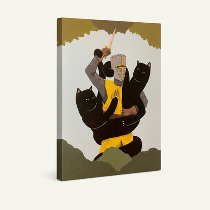 Gallery-wrapped canvas of medieval knight raising sword while two large black cats embrace him from both sides