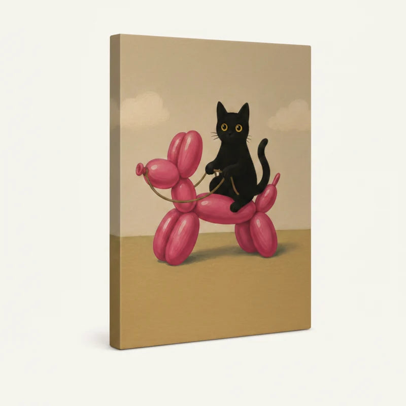 Gallery-wrapped black cat balloon dog canvas art shown at an angle on white background