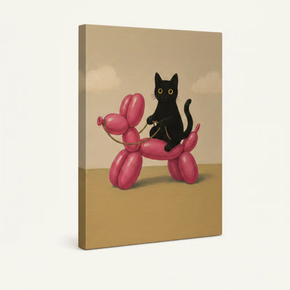 Gallery-wrapped black cat balloon dog canvas art shown at an angle on white background