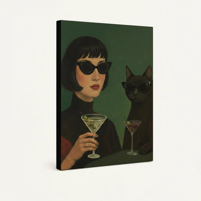 Gallery-wrapped canvas side view of dark green retro woman and cat martini wall art, white background