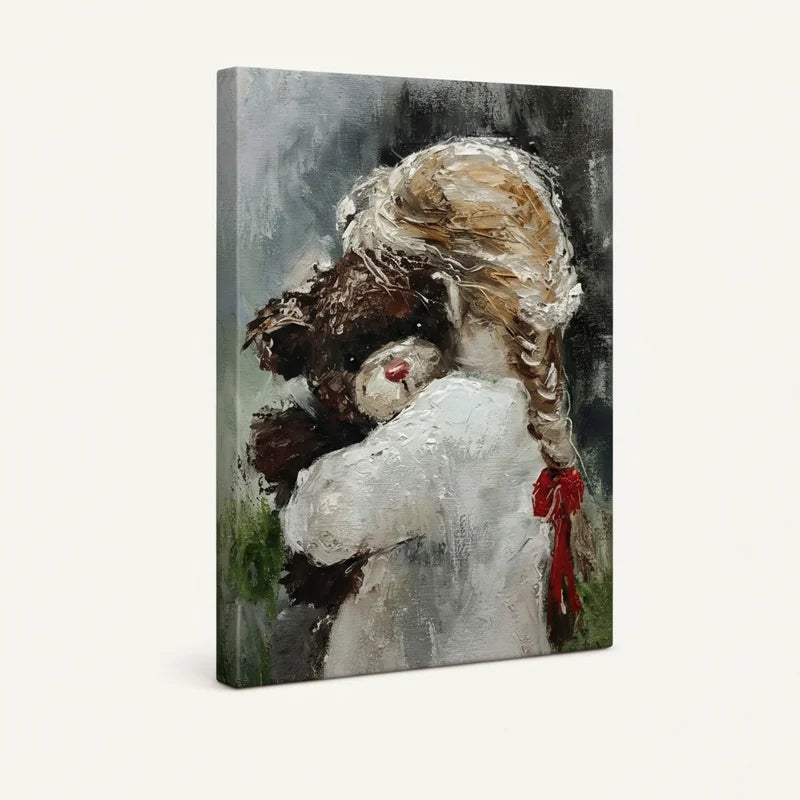 Gallery-wrapped canvas showing girl and teddy bear wall art with rich impasto texture and moody grey background