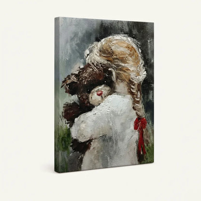 Gallery-wrapped canvas showing girl and teddy bear wall art with rich impasto texture and moody grey background