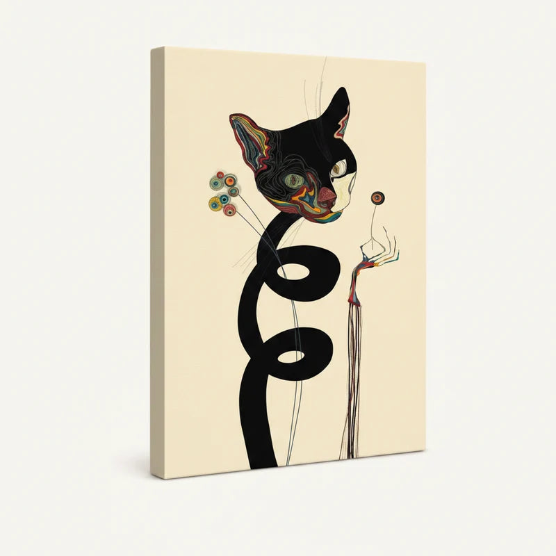 Gallery-wrapped canvas side view of abstract black cat with skeletal hand and swirling colorful face