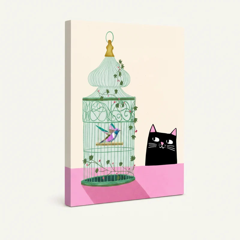 Gallery-wrapped canvas side view of whimsical black cat and birdcage illustration on cream pink background