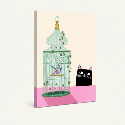 Gallery-wrapped canvas side view of whimsical black cat and birdcage illustration on cream pink background