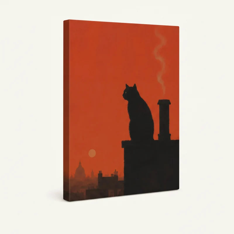 Gallery-wrapped black cat rooftop sunset canvas, angled side view showing deep red background and wrap edges