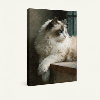 Gallery-wrapped canvas side view of classical Ragdoll cat portrait, soft fur detail and teal window glow