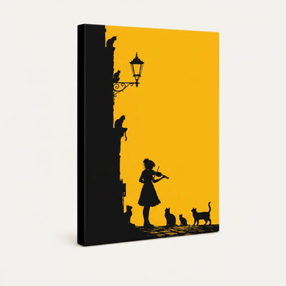 Gallery-wrapped golden silhouette violin girl canvas, angled side view showing bold amber background and wrap edges