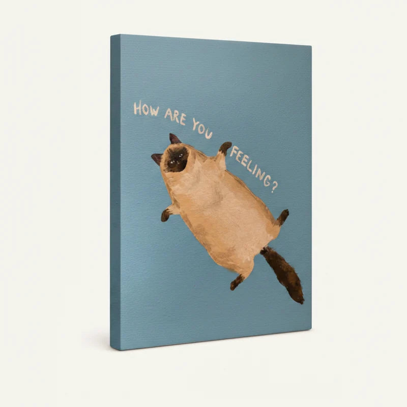Gallery-wrapped canvas side view of whimsical floating Siamese cat on dusty blue, white background