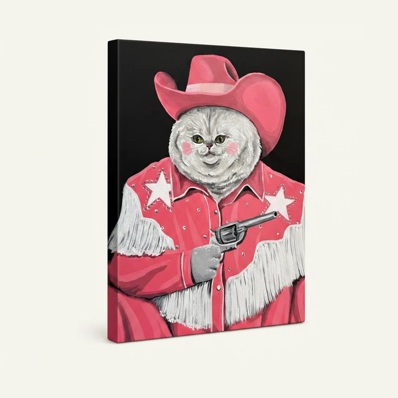 Gallery-wrapped pink cowgirl cat pop art canvas, 3/4 side view showing deep wrap edges on light background