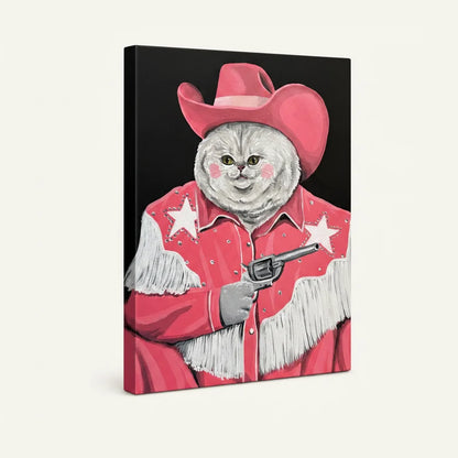 Gallery-wrapped pink cowgirl cat pop art canvas, 3/4 side view showing deep wrap edges on light background