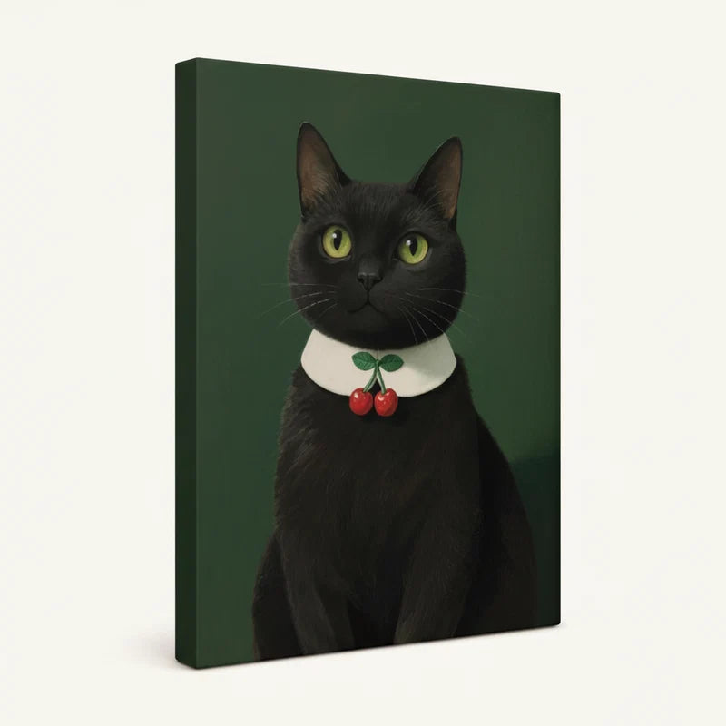 Angled product view of gallery-wrapped canvas showing black cat with cherry collar portrait on deep green background