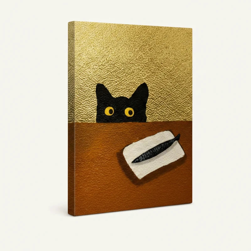 Gallery-wrapped canvas side view of peeking black cat wall art with rich gold and brown painterly texture