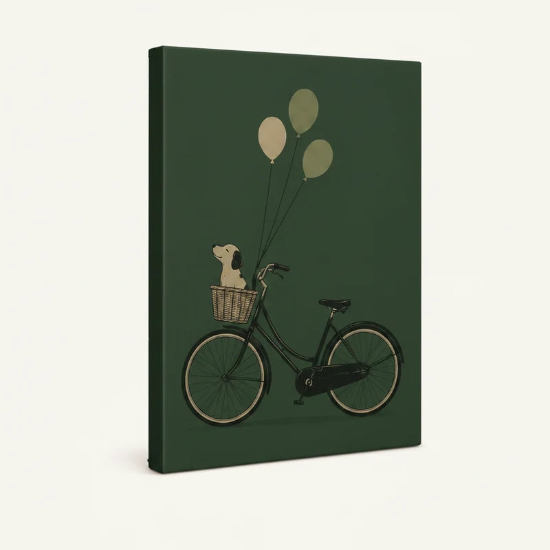 Gallery-wrapped canvas side view of whimsical dog balloon bicycle illustration on green background