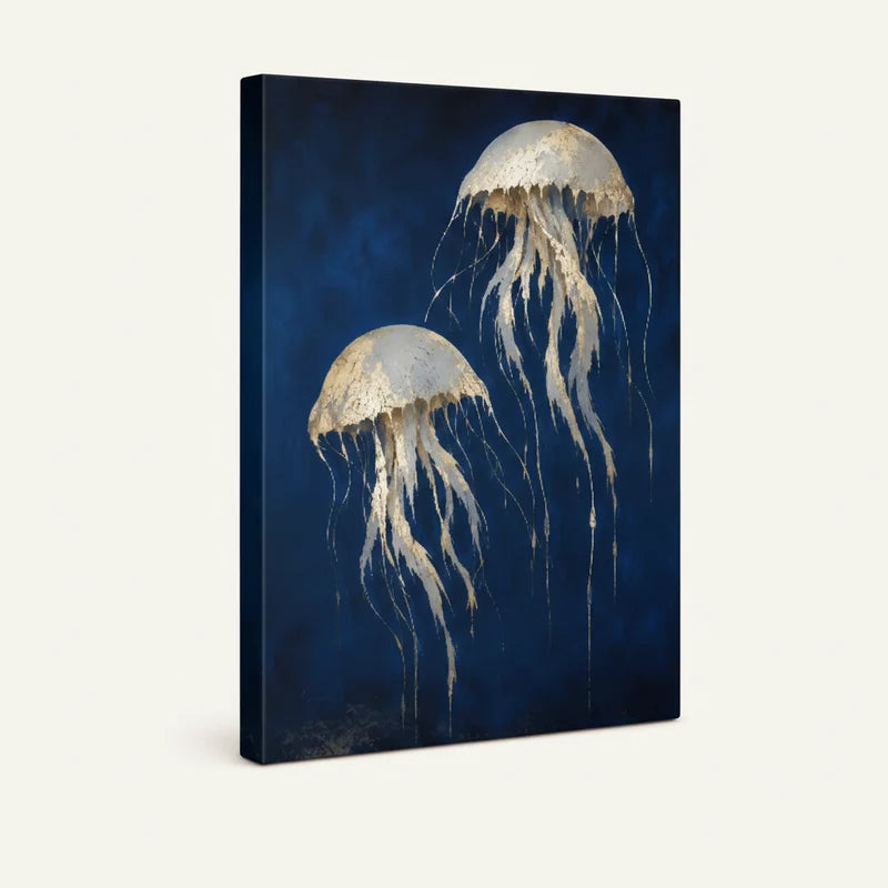 Gallery-wrapped canvas side view featuring golden jellyfish duo on dark ocean blue background