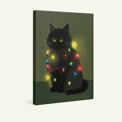 Gallery-wrapped canvas side view of black cat fairy lights art, deep olive green background