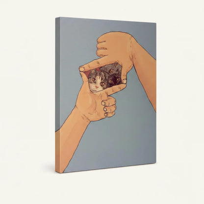 Gallery-wrapped cat illustration canvas, 3/4 side view showing deep wrap edges on light background
