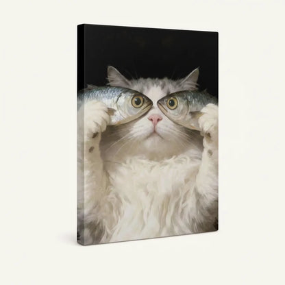 Gallery-wrapped canvas side view of dramatic funny cat holding fish, bold black background, white studio shot