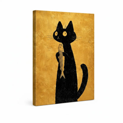 Gallery-wrapped canvas showing black cat wall art with textured golden background and visible side depth