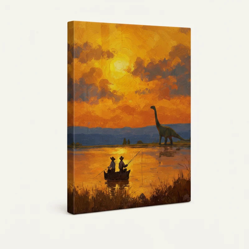 Angled product view of gallery-wrapped canvas showing dinosaur sunset and fishing boat scene