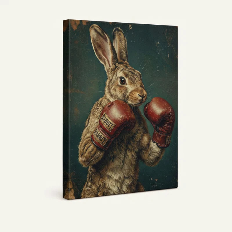 Gallery-wrapped canvas showing boxing rabbit wall art with aged texture and dramatic portrait lighting