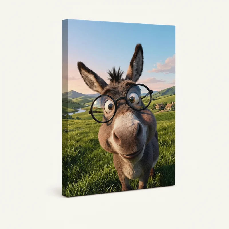 Gallery-wrapped funny donkey countryside canvas, 3/4 side view showing deep wrap edges on light background