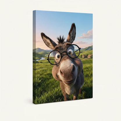 Gallery-wrapped funny donkey countryside canvas, 3/4 side view showing deep wrap edges on light background
