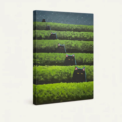 Gallery-wrapped canvas side view of black cats peeking through green tea field under night sky