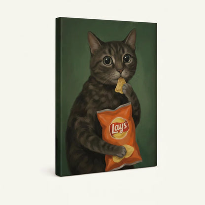 Gallery-wrapped canvas of realistic tabby cat snacking portrait with rich green background and warm tones