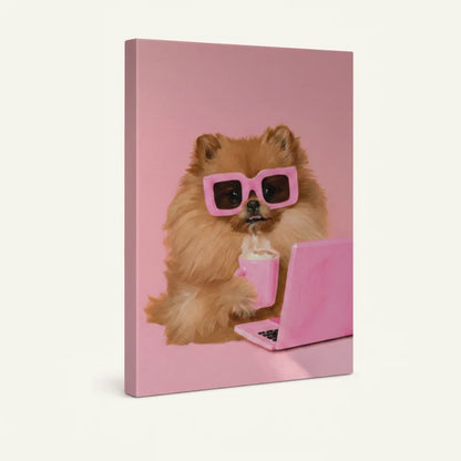 Gallery-wrapped canvas close-up of Pomeranian dog with pink laptop and bubblegum pink background