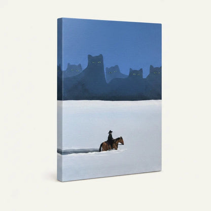 Gallery-wrapped canvas close-up of surreal winter scene with cowboy on horseback and giant cats looming at the blue horizon