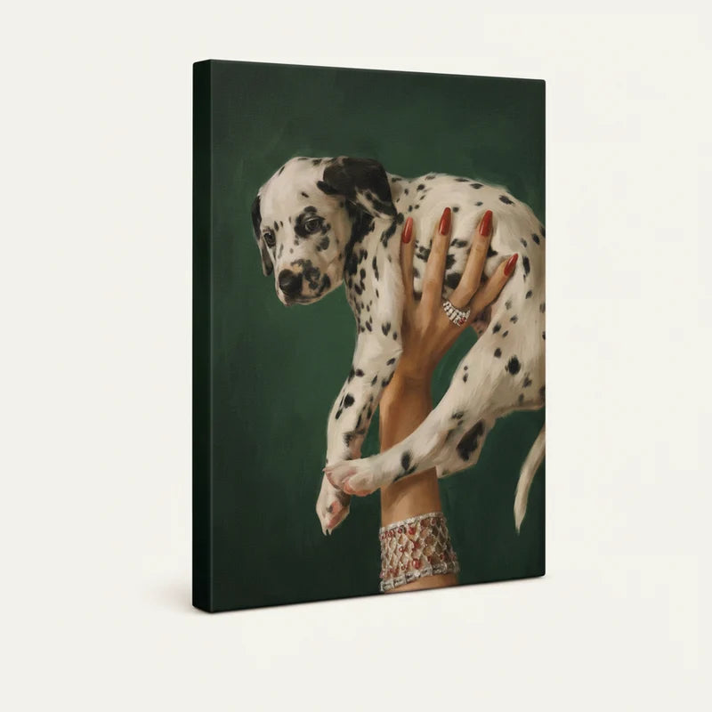 Gallery-wrapped Dalmatian puppy canvas art, angled side view showing deep emerald background and wrap edges