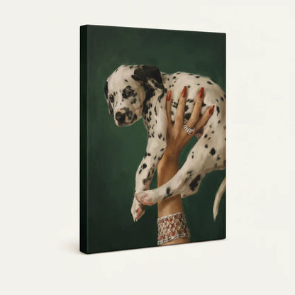 Gallery-wrapped Dalmatian puppy canvas art, angled side view showing deep emerald background and wrap edges