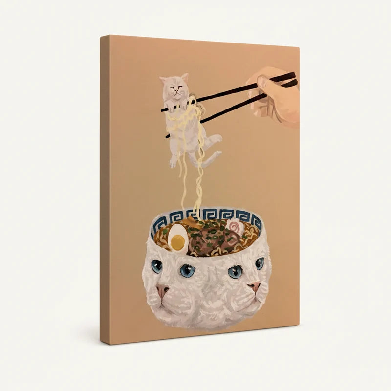 Gallery-wrapped canvas showing whimsical cat ramen bowl illustration, angled side view on white background