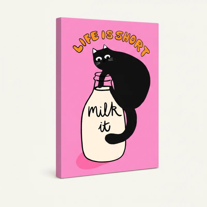 Gallery-wrapped canvas of bold black cat retro poster illustration on vivid pink background