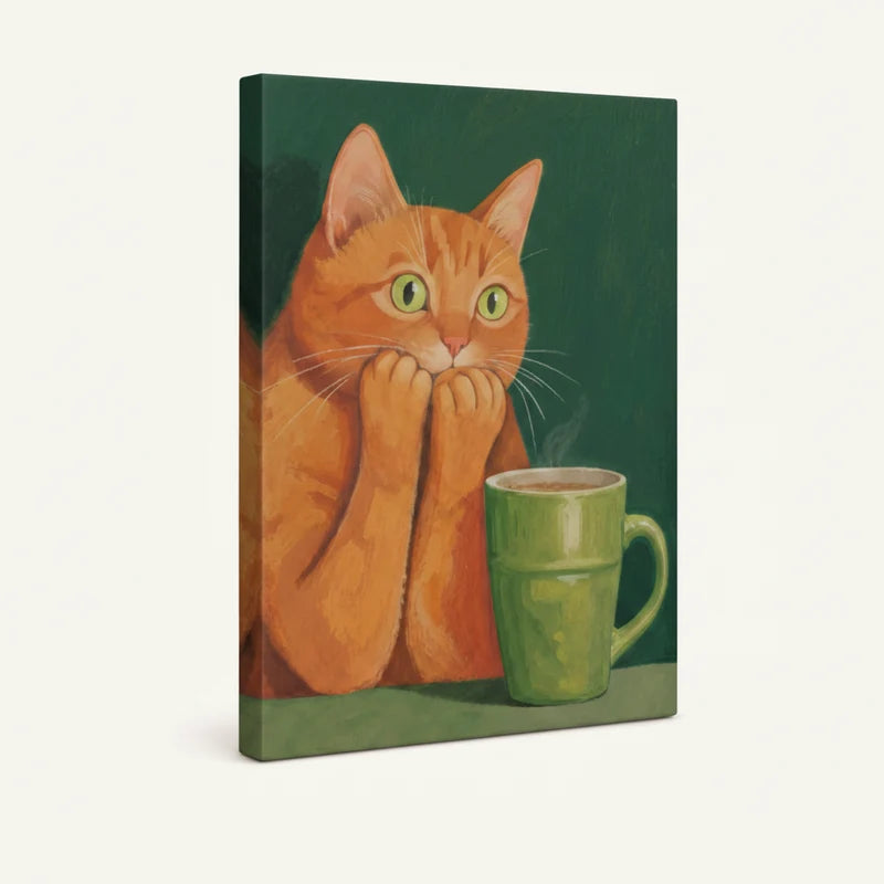 Gallery-wrapped retro cat canvas showing teal background and steaming mug side profile