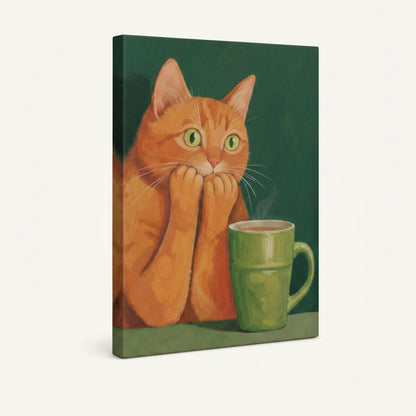 Gallery-wrapped retro cat canvas showing teal background and steaming mug side profile