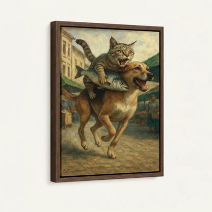 Framed classical cat riding dog through market canvas wall art shown at angle against white wall