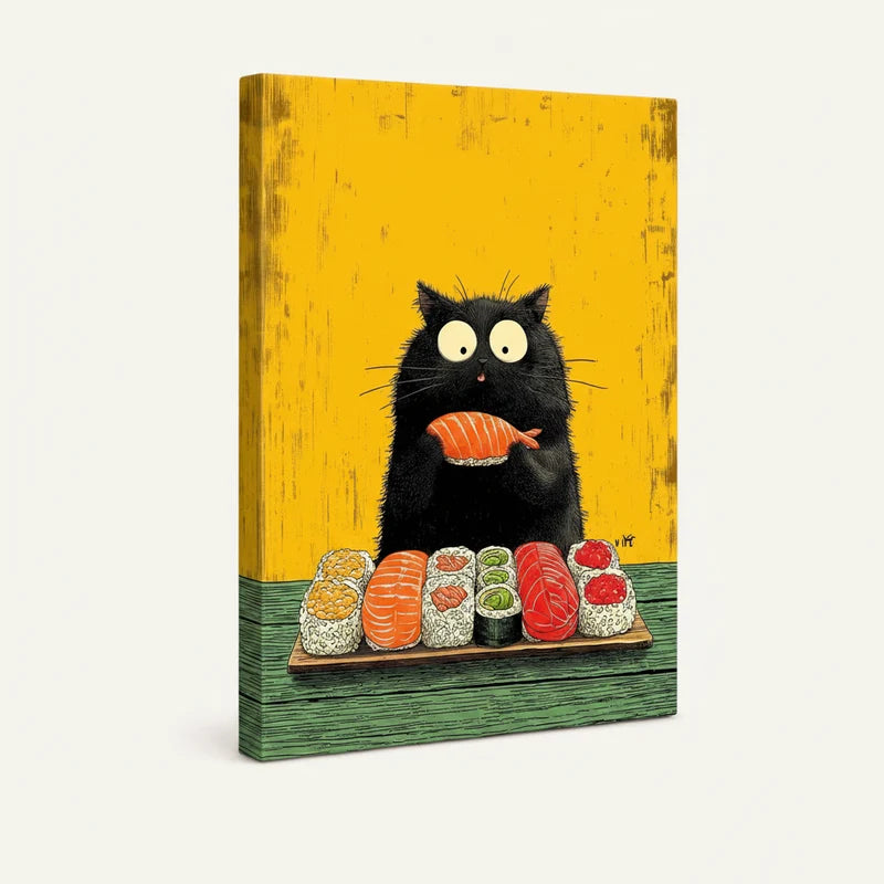 Gallery-wrapped canvas side view of wide-eyed black cat with colorful sushi platter on green table