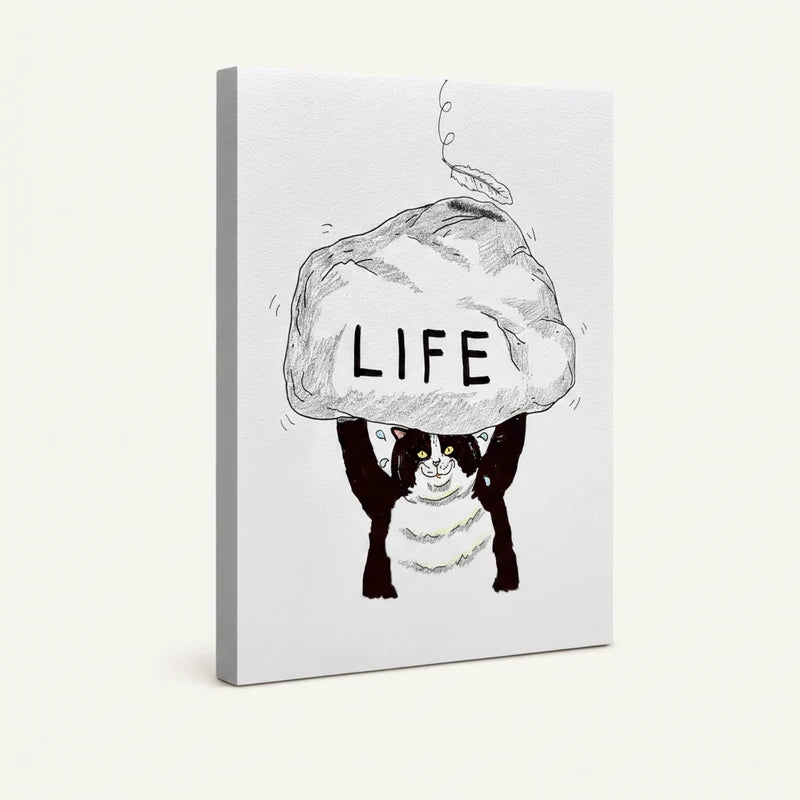 Gallery-wrapped funny cat carries life canvas wall art side view showing wrap depth